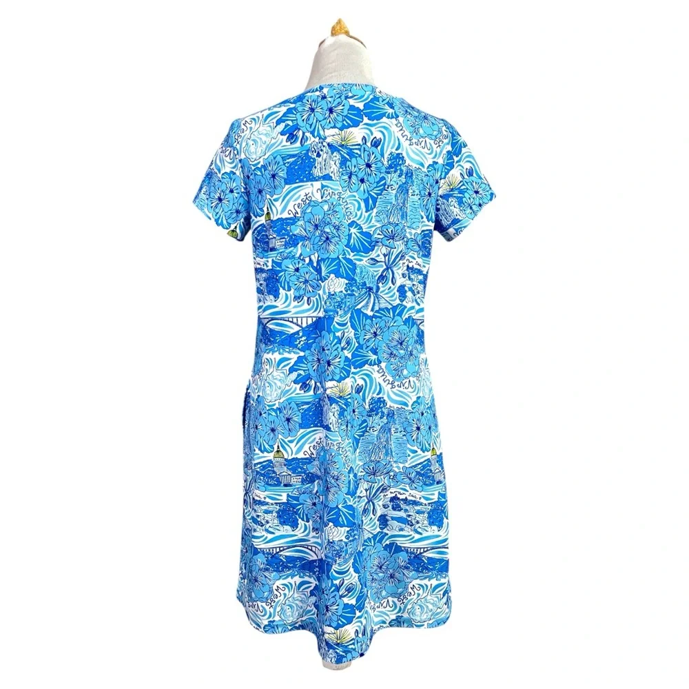 Kaeli Smith West Virginia Print Mini Dress Size Small With Pockets Blue/White